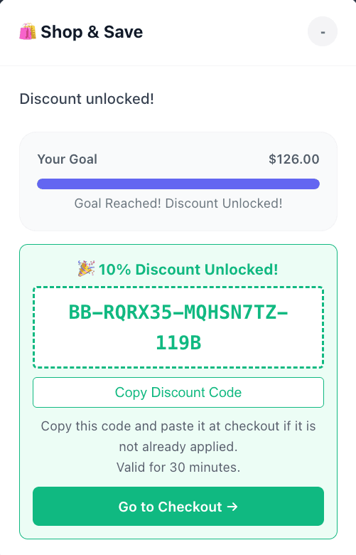 BuddyBoost popup showing the discount unlocked after the goal is reached