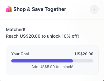 BuddyBoost Shop & Save Together popup with personal cart goal